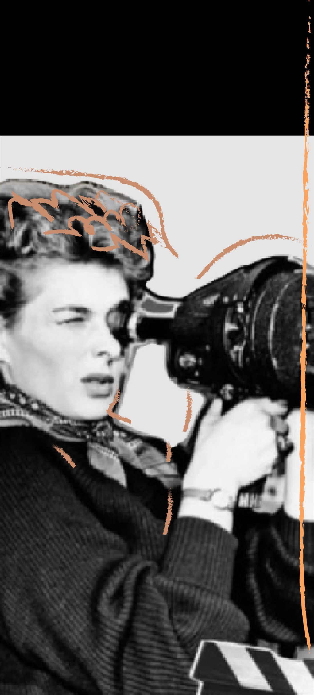 Mujer mirando a través de una cámara de cine, collage en blanco y negro