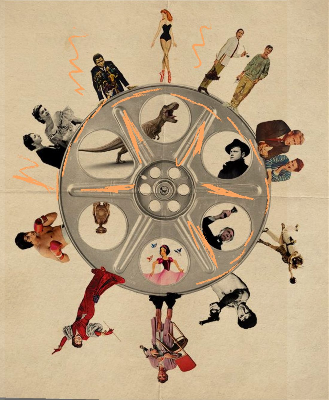 Collage de un rollo de cine rodeado de personajes cinematográficos